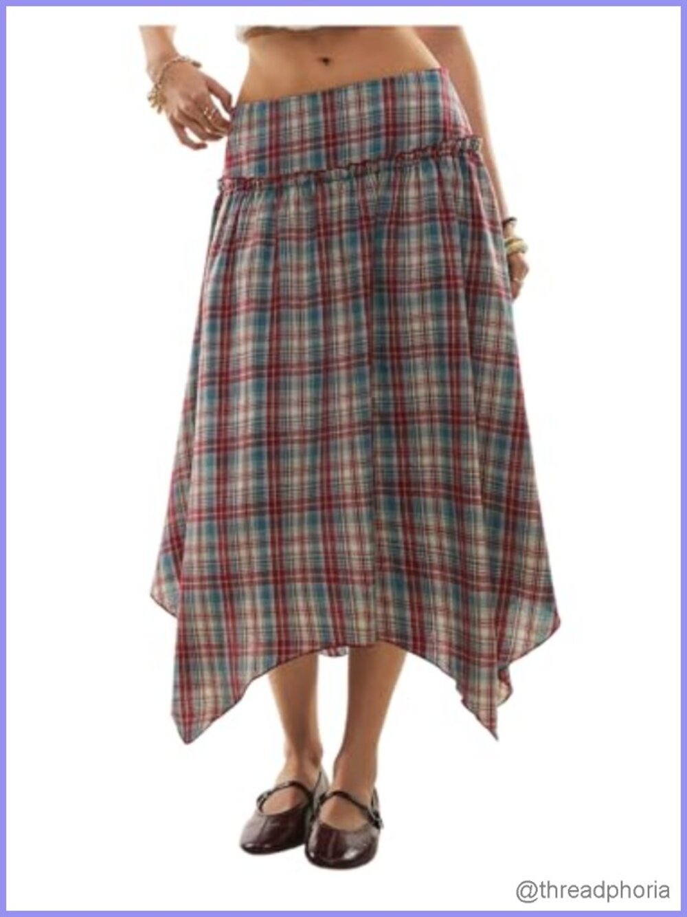 Plaid A-Line Midi Skirt Ruffle Hem Y2K Flowy Casual